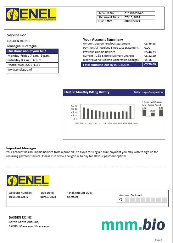 Nikaragua Nikaraguan Electricity Company ENEL electricity rachunek za usługi komunalne szablon w formacie Word i PDF